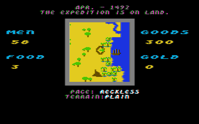 The Seven Cities of Gold (PC Booter) screenshot: Near your ship. (CGA with composite monitor)