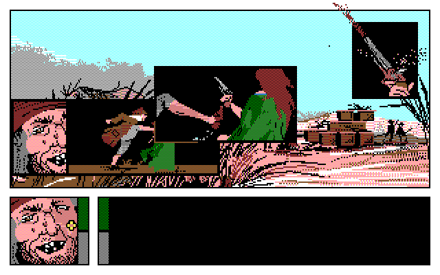 Passengers on the Wind (DOS) screenshot: An action scene, as seen in comic books (EGA)