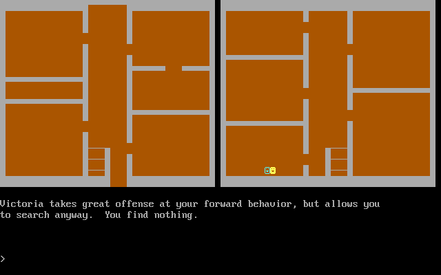 Sleuth (DOS) screenshot: Examining Victoria