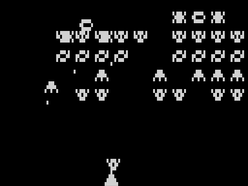 Galaxy Invasion -Plus- (TRS-80) screenshot: About to get Destroyed