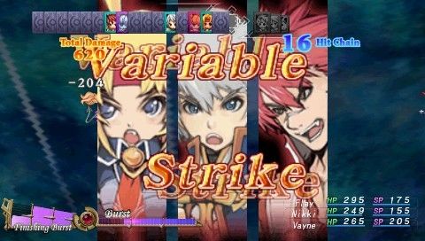 Mana Khemia: Alchemists of Al-Revis (PSP) screenshot: Supporting attack with 3 characters from the back row with Vayne being the third one activates the powerful Variable Strike