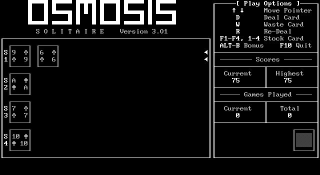 Osmosis Solitaire (DOS) screenshot: Main playing screen (Monochrome display)