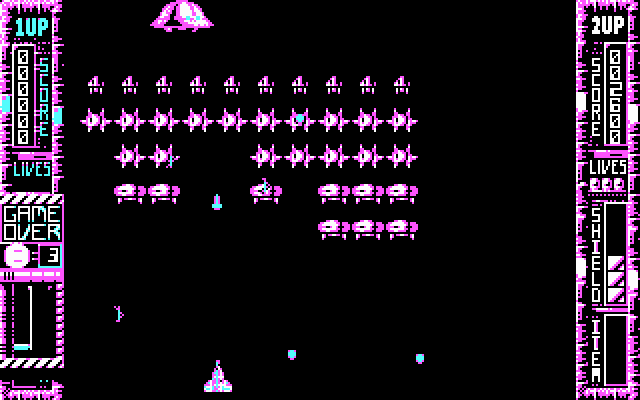 Taito's Super Space Invaders (DOS) screenshot: in 4 colors backgrounds were wisely left off - CGA