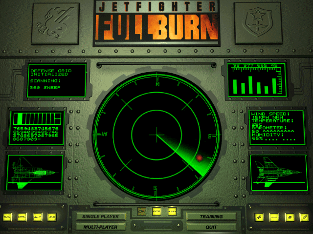 JetFighter: Full Burn (DOS) screenshot: Main menu screen.