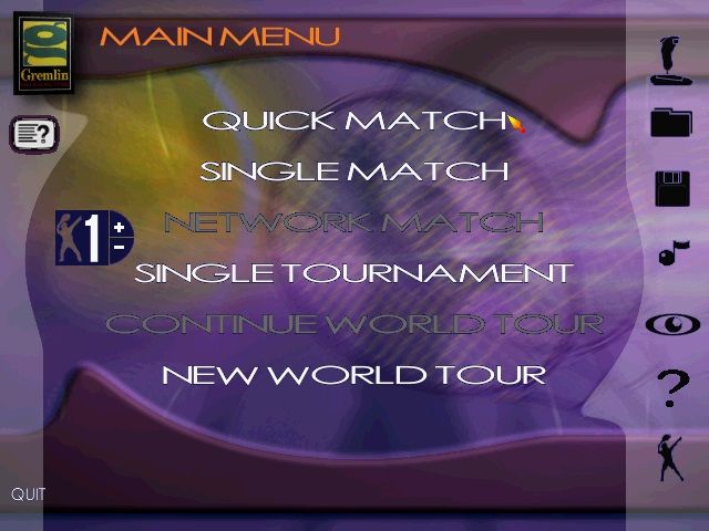 Actua Tennis (Windows) screenshot: Main Menu.