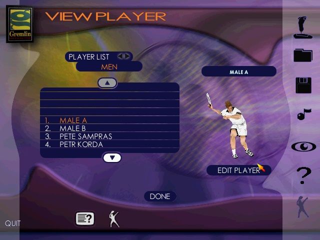 Actua Tennis (Windows) screenshot: Editing a Player.