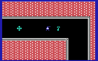 Endless (Commodore 64) screenshot: Tip: Just like before you've to Push the key and MOVE VERY QUICKLY down! Otherwise, the yellow doors will close and you'll have to go back and push the key again! (Dutch)