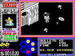 Gunfright (ZX Spectrum) screenshot: - Take this, and that, an... pzzzooew!!! And bang and buzo...<br>(hey stupid... yes I'm talkin' ta you. You get fine fines for each time you shoot women and fingerers... yawn)