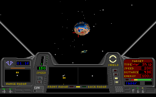 Star Quest I in the 27th Century (DOS) screenshot: Cockpit view during a mission in space.