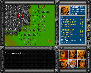 Jaktar: Der Elfenstein (Amiga) screenshot: In the mountains... it's getting dark