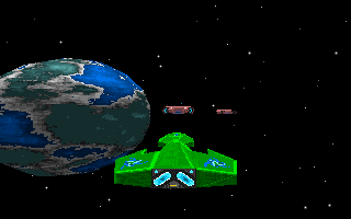 Star Quest I in the 27th Century (DOS) screenshot: Chase view of an enemy ship.