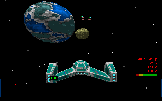 Star Quest I in the 27th Century (DOS) screenshot: External view of the player's ship with a transparent overlay of the HUD.