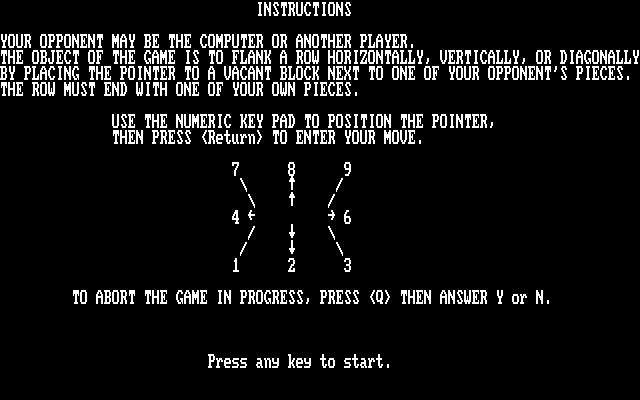 Reversi (DOS) screenshot: Instructions screen
