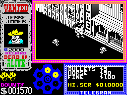 Gunfright (ZX Spectrum) screenshot: Nice view. Ultimate gives an incredible good taste on its games. This, one of my favourites.