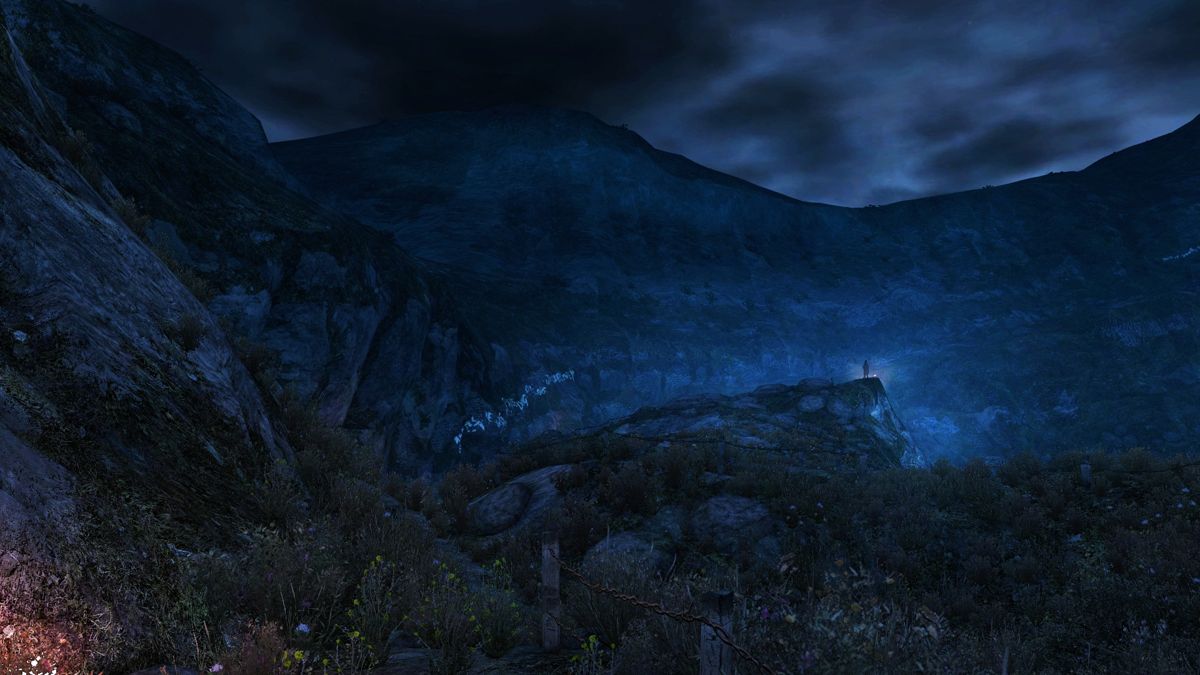 Dear Esther: Landmark Edition (Windows) screenshot: A spooky silhouette on the edge of a cliff