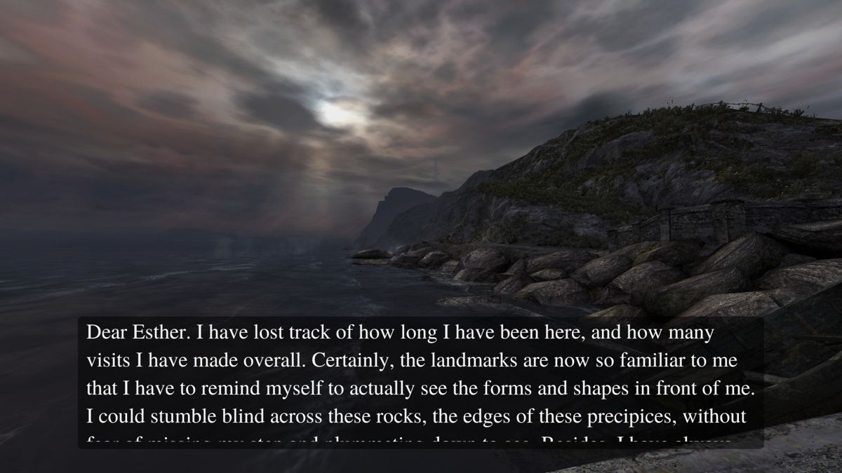 Dear Esther: Landmark Edition (Windows) screenshot: Narration's subtitles can be displayed on screen in different sizes or toggled off