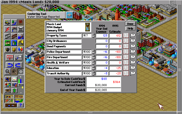 SimCity 2000 (Amiga) screenshot: The annual budget. (Hi Res AGA)
