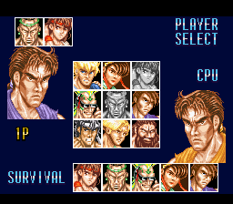 Fighter's History (SNES) screenshot: Survival mode selection screen