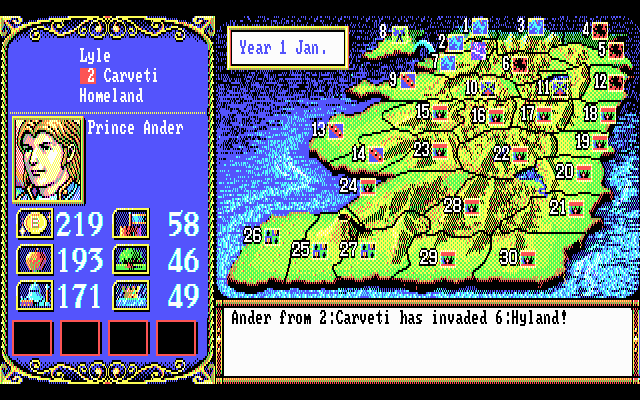 Gemfire (DOS) screenshot: gameplay phase 1 - pick a battle