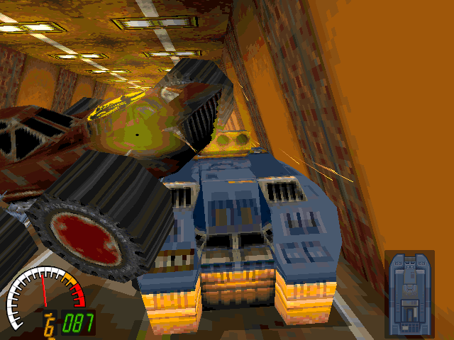 Carmageddon (DOS) screenshot: When faced with this police six-wheeler, resistance does seem to be futile...