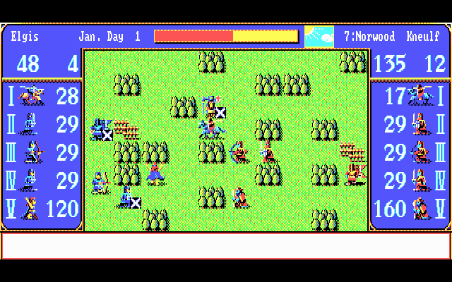 Gemfire (DOS) screenshot: gameplay phase 2 - army vs army