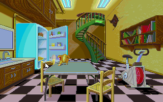 Time Riders in American History (DOS) screenshot: The game is full of easter eggs such as the dancing chicken in the kitchen fridge.