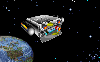 Time Riders in American History (DOS) screenshot: Intro: DreadCo satellite eats news satellite