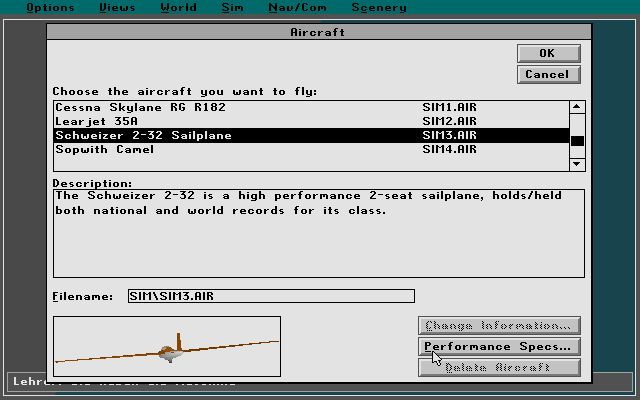 Microsoft Flight Simulator (v5.0) (DOS) screenshot: This is the aircraft selection screen. Just the four to choose from but, back in the day, this was pretty good.