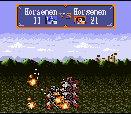 Gemfire (SNES) screenshot: Battle animation - Two Horsemen-Units are battling it out