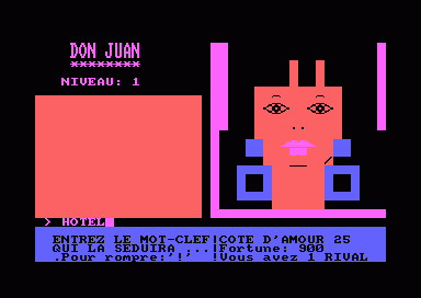 Don Juan (Amstrad CPC) screenshot: Propose a hotel (a mysterious brunette)