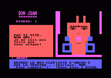 Don Juan (Amstrad CPC) screenshot: I'm not that kind (a mysterious brunette)