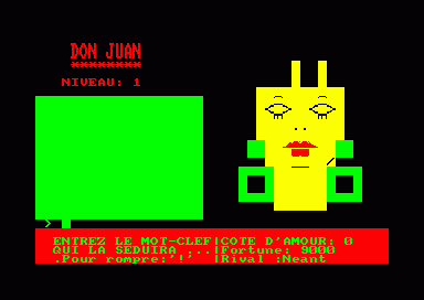 Don Juan (Amstrad CPC) screenshot: Starting to seduce (a volcanic brunette)