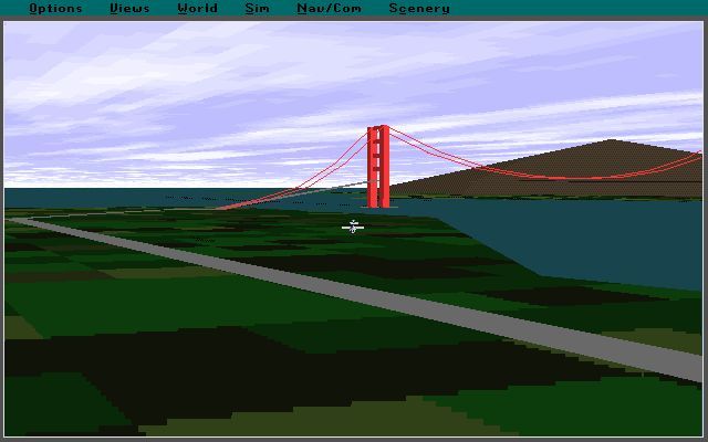Microsoft Flight Simulator (v5.0) (DOS) screenshot: Attempting, and failing, to fly under the Golden Gate bridge, San Francisco, USA.