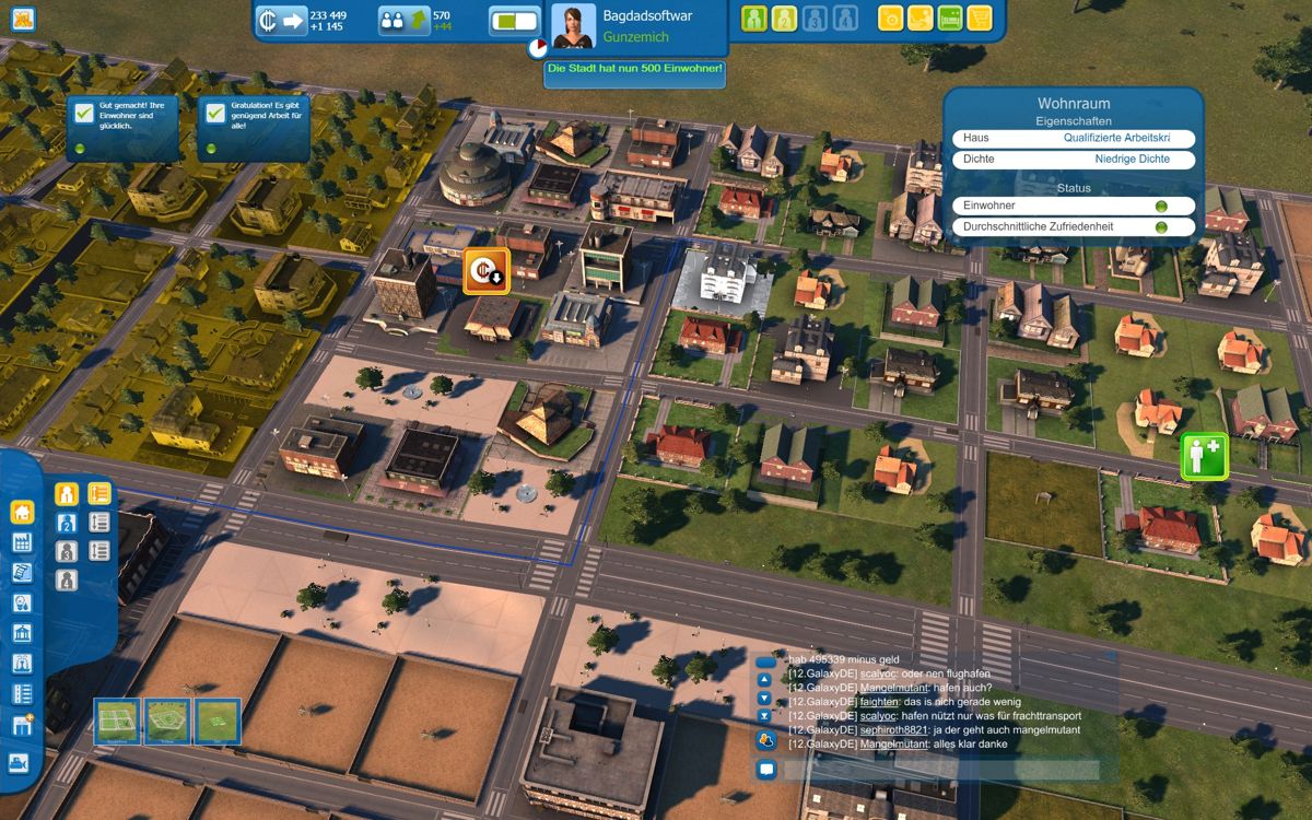 Cities XL (Windows) screenshot: This part of town contains untrained (left) and qualified (right) workers with some shopping-malls in the middle.