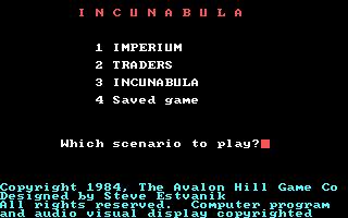 Incunabula (DOS) screenshot: The main menu