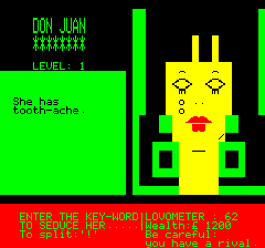 Don Juan (Oric) screenshot: She's crying because of tooth-ache (a volcanic brunette)