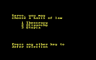 Incunabula (DOS) screenshot: Select a basis of law?