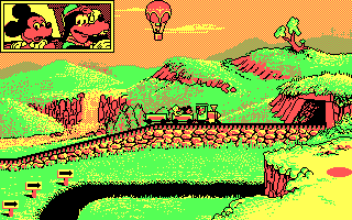 Goofy's Railway Express (DOS) screenshot: CGA again: a scenery with a balloon