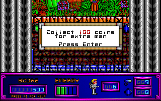 Gateworld: The Home Planet (DOS) screenshot: Collect 100 coins for extra man (The Home Planet)
