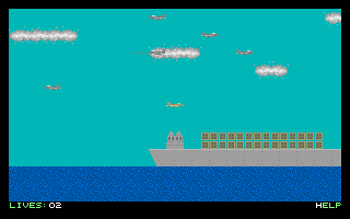 Navjet (DOS) screenshot: A cargo ship. The boxes become stars - extra lives - when bombed.