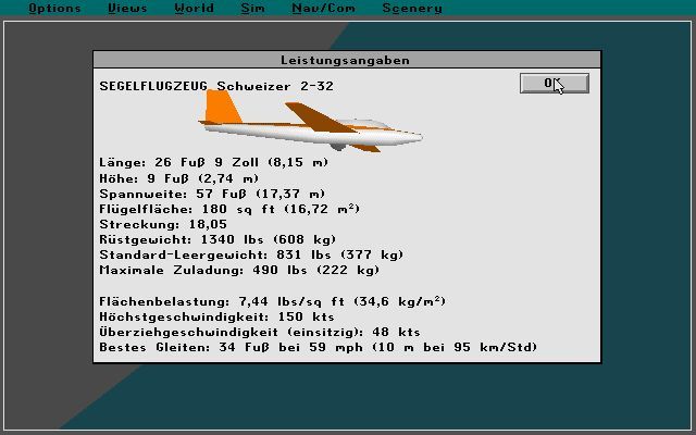 Microsoft Flight Simulator (v5.0) (DOS) screenshot: Each aircraft has a stats sheet. Here's the sheet for the sailplane - it's in German but that's a feature not a fault.