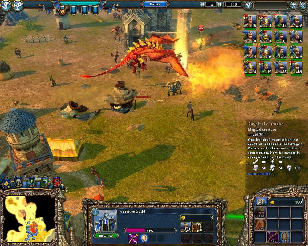 Majesty 2: The Fantasy Kingdom Sim (Windows) screenshot: Rafnir the Dragon attacks our town.