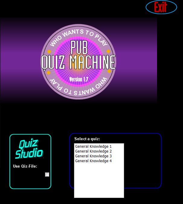 Pub Quiz Machine (Windows) screenshot: The game's title and quiz selection screen