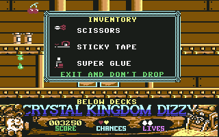 Crystal Kingdom Dizzy (Commodore 64) screenshot: Inventory screen.