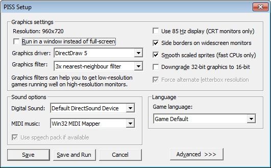 Piss (Windows) screenshot: winsetup utility provides access to the standard AGS settings options.
