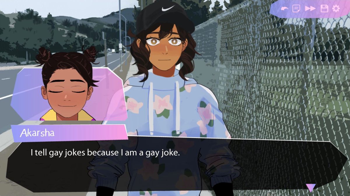 Butterfly Soup (Macintosh) screenshot: Akarsha opens and ends every conversation with a joke.