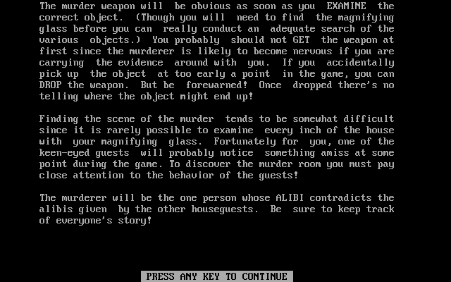 Sleuth (DOS) screenshot: Instructions (part 2 of 4)