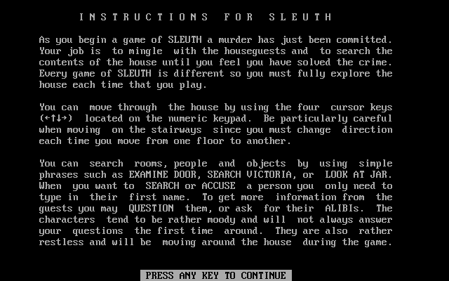 Sleuth (DOS) screenshot: Instructions (part 1 of 4)