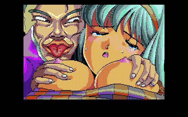Pocky 2: Kaijin Aka Manto no Chōsen (PC-88) screenshot: Check out the guy's tongue...