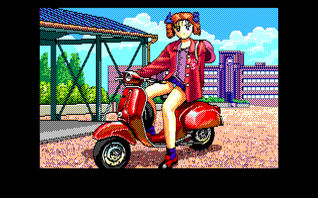 Pocky 2: Kaijin Aka Manto no Chōsen (PC-98) screenshot: Nice bike!..